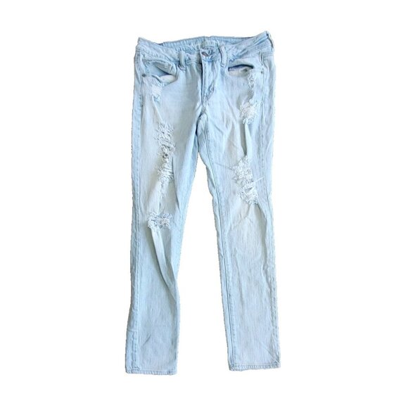 American Eagle Skinny Jeans Womens Sz 8 Stretch  Ripped Distressed Low Rise Blue - Picture 1 of 4